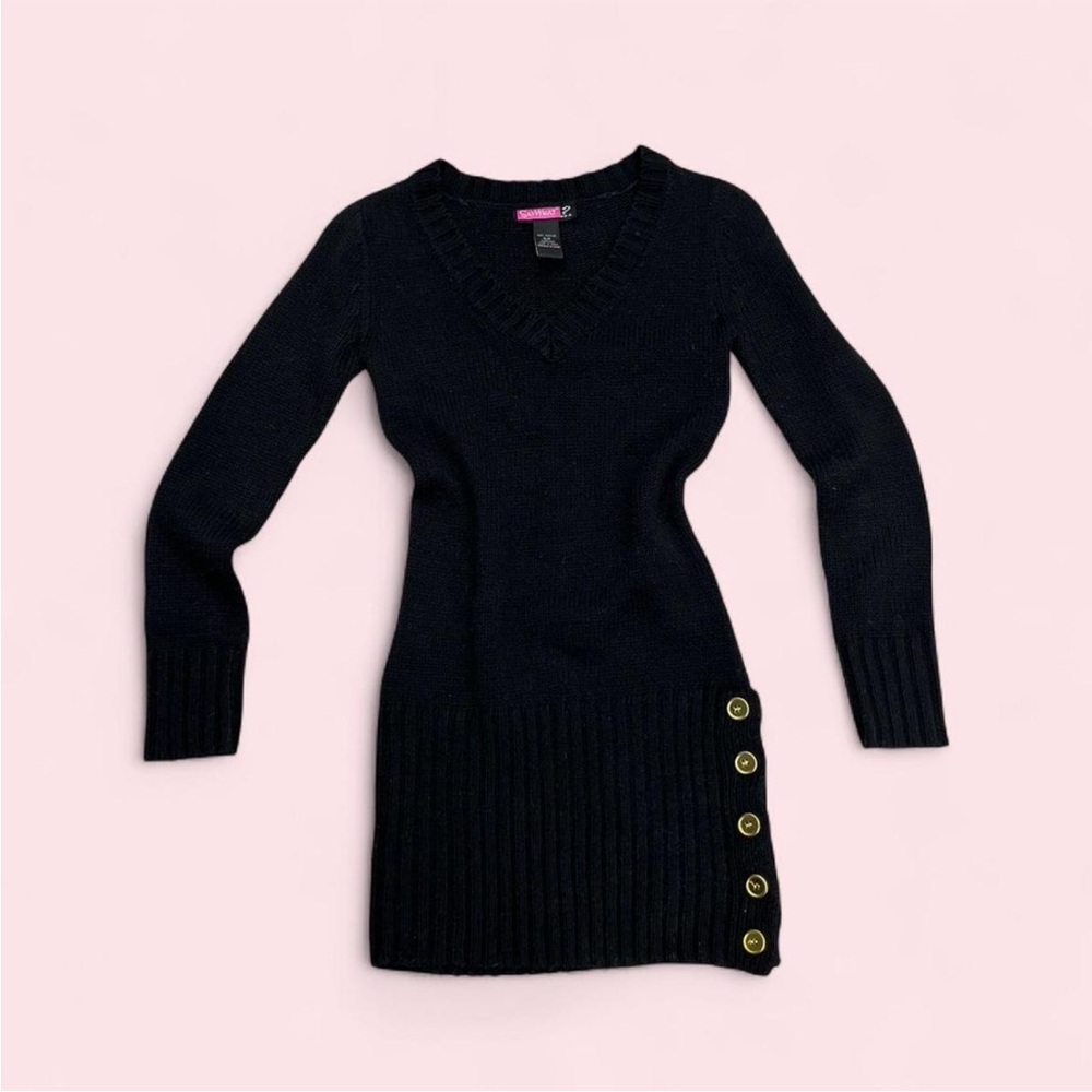 Say What? Black V-Neck Sweater with Gold Button Accents